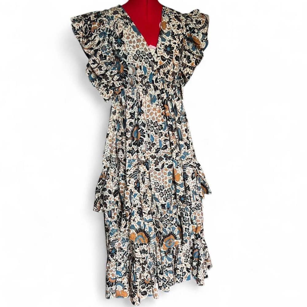 Ulla Johnson Delila Tiered-Ruffle Printed Poplin Midi Dress Size 4 Floral Cotton